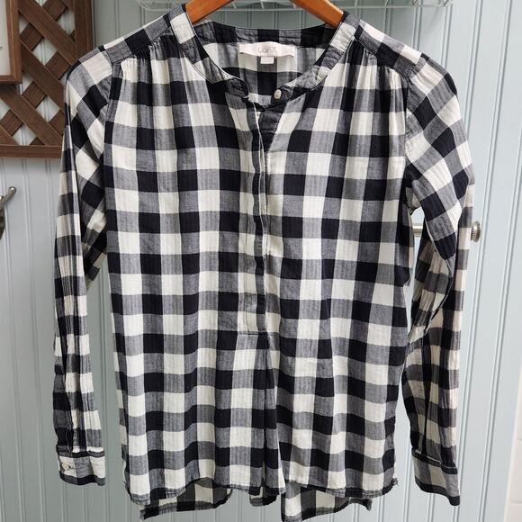 Loft Black and White Checkered Mandarin Collar Long Sleeve Blouse - Picture 1 of 7